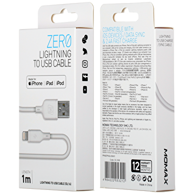 Momax Zero USB-A to Lightning Kablo (1M) - Beyaz 4894222053212